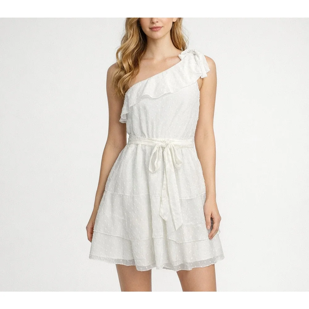 Showpo. | Dresses | Showpo Darling I Am A Daydream Dress Womens 4 White  Swiss Dot One Shoulder Boho | Poshmark
